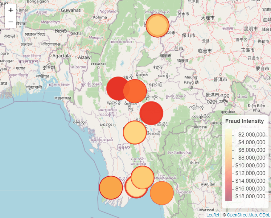 Fraud intensity map showing geographic distribution of fraudulent transaction amounts across Myanmar