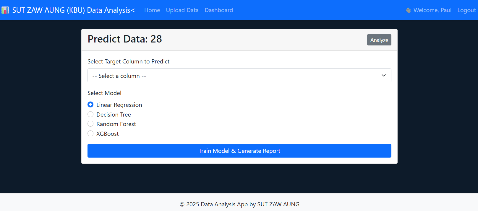 Machine learning prediction page screenshot