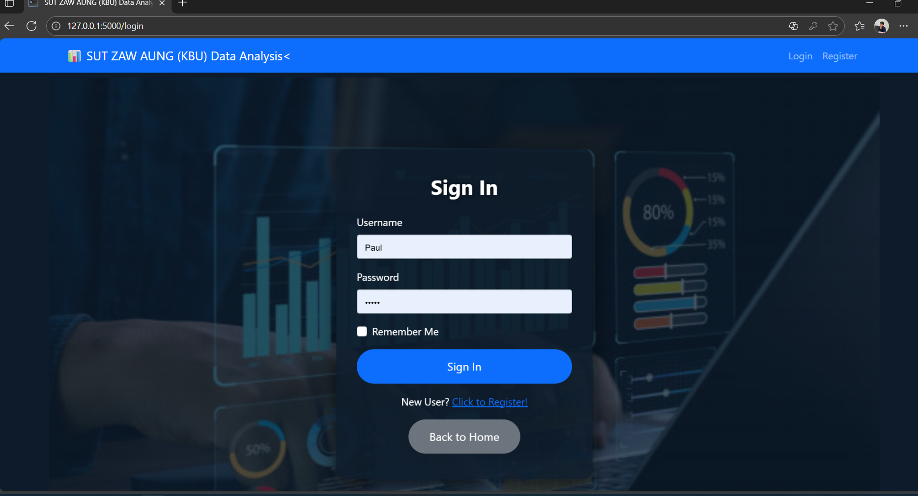 User sign in and registration page screenshot